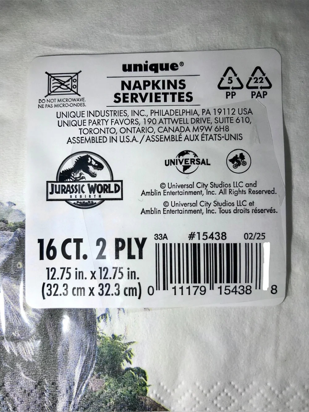 🍭$4🍭 NEW JURASSIC WORLD Paper Napkins 16ct White Gray Blue